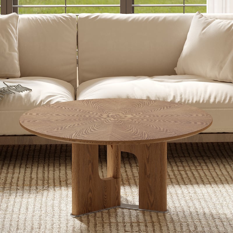 GDFStudio - Rustic 31.5" Free-Form Coffee Table with Ash Wood Veneer & Pedestal Base for Small Living Room