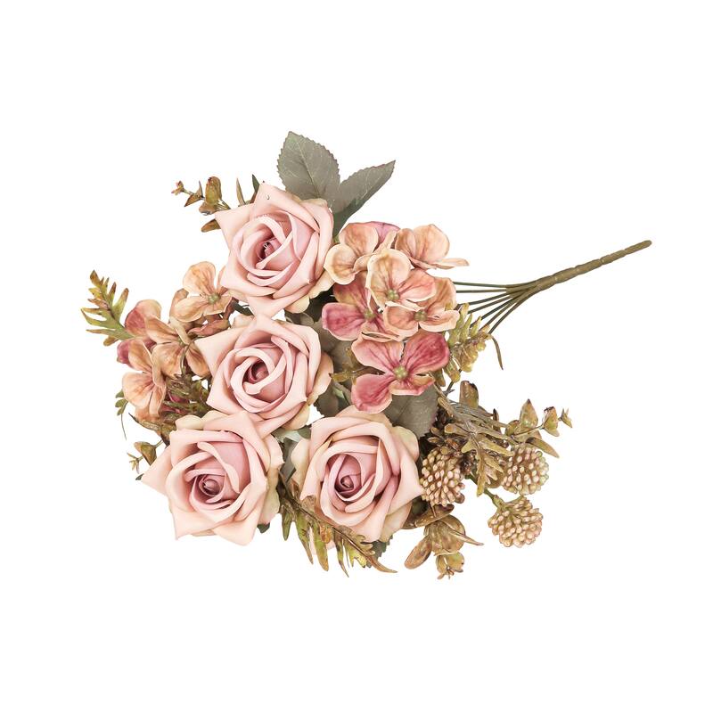 Set of 2 Blush Mauve Artificial Mixed Tea Rose Hydrangea Berry Flower Stem Bush Bouquet 15in - 15" L x 9" W x 9" DP