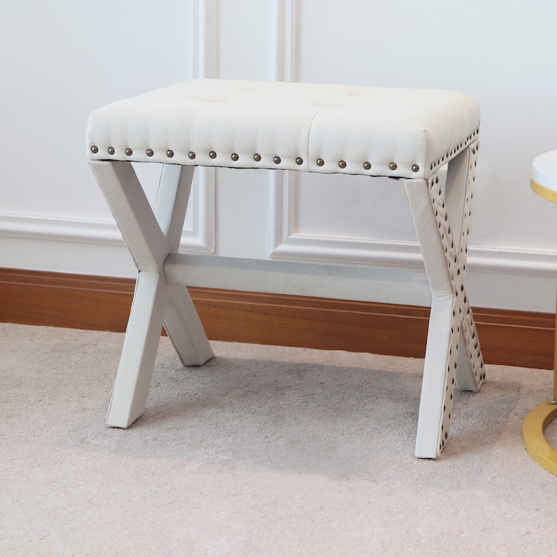 Modern Chic Vanity Stool X-Base Ottoman With Nailhead Trim (Set of 2) - Beige