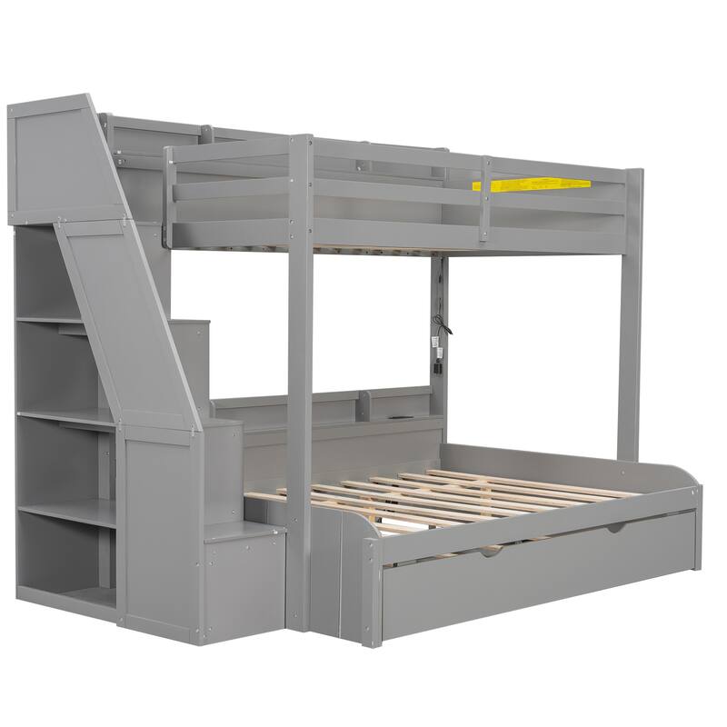 Twin over Full Bunk Bed with Storage Stairs, Trundle, LED Shelf & USB Port by Harper&Bright Designs