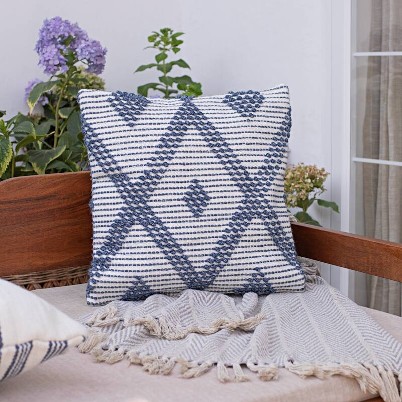 Handwoven Reversible Diamond Outdoor Throw Pillow Cover - 20" - Cream and Navy Blue