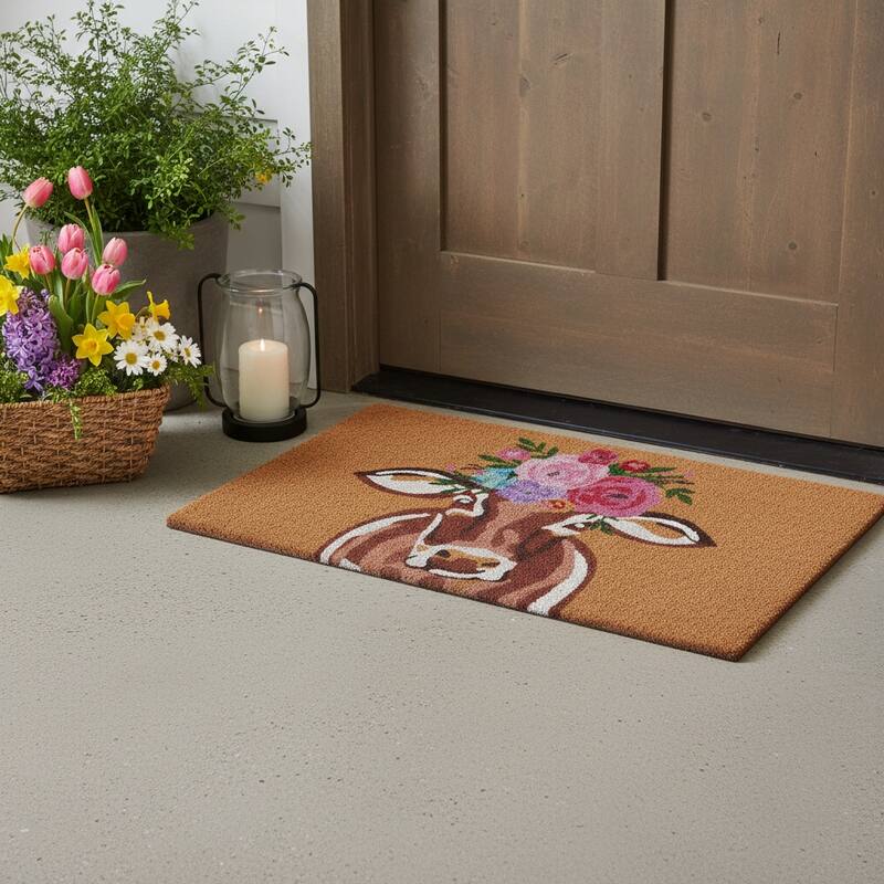 HomeRoots 24" X 36" Brown And Pink Floral Cow Outdoor Coir Door Mat - 24.00' X '36.00 - 24.00' X '36.00