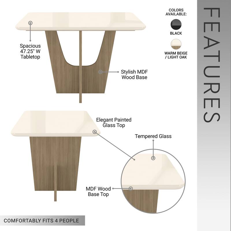 Compact 4 Seater Italian Dining Table With Painted Glass Top And Wooden Base