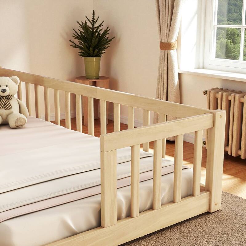 Double Twin Floor Bed with Fence and Guardrails, Solid Pine Wood Frame Montessori Bed for Kids