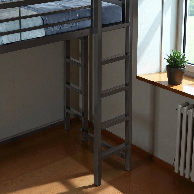 Twin Size Metal Loft Bed with Desk, Storage Shelves & Ladder, Space-Saving Workstation Loft Frame for Teens & Kids