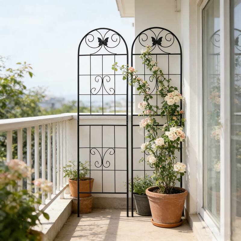 Anmytek Decorative Metal Garden Trellis Set of 2 with Arch Top Daisy Motifs Green Weather Resistant Climbing Plant Support - Black