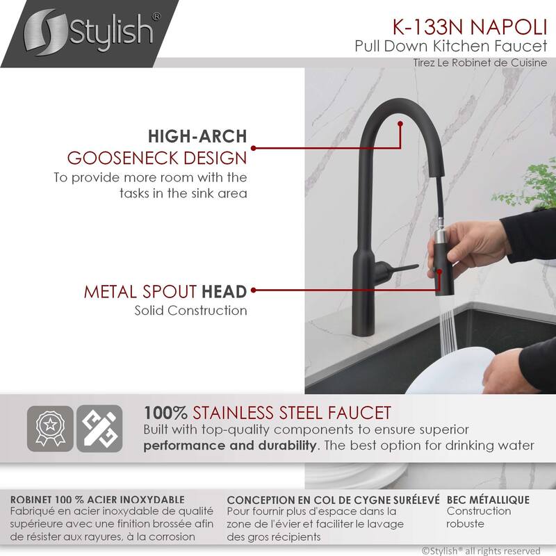 STYLISH Kitchen Sink Faucet Single Handle Pull Down Dual Mode in Stainless Steel