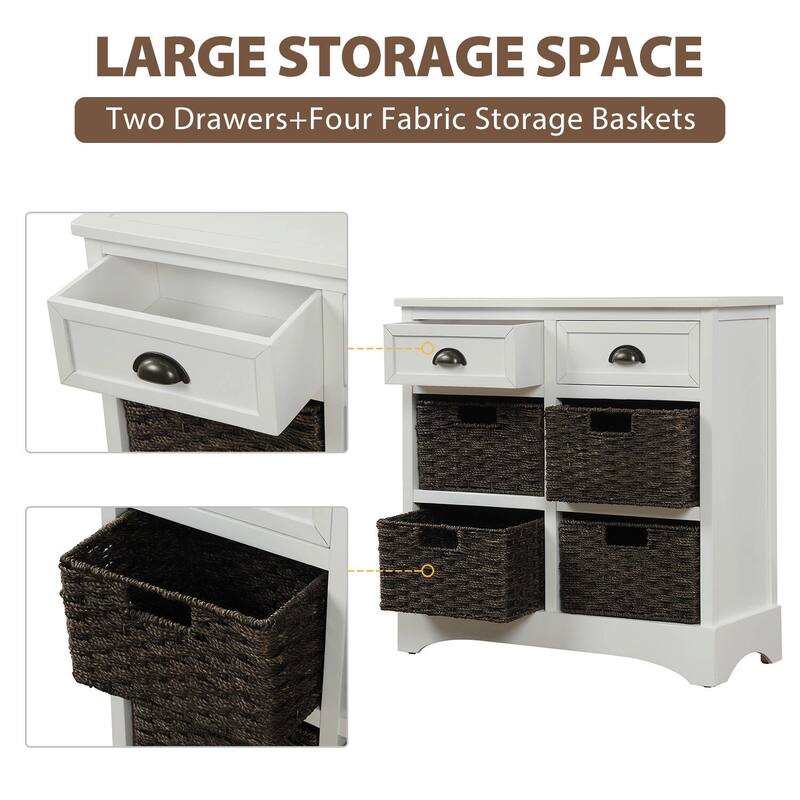 Rustic Storage Cabinet with Two Drawers and Four Classic Rattan Basket