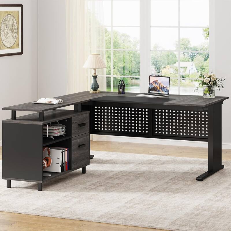 63 Inch Executive Desk with File Cabinet, Large Office Desk L Shaped Computer Desk