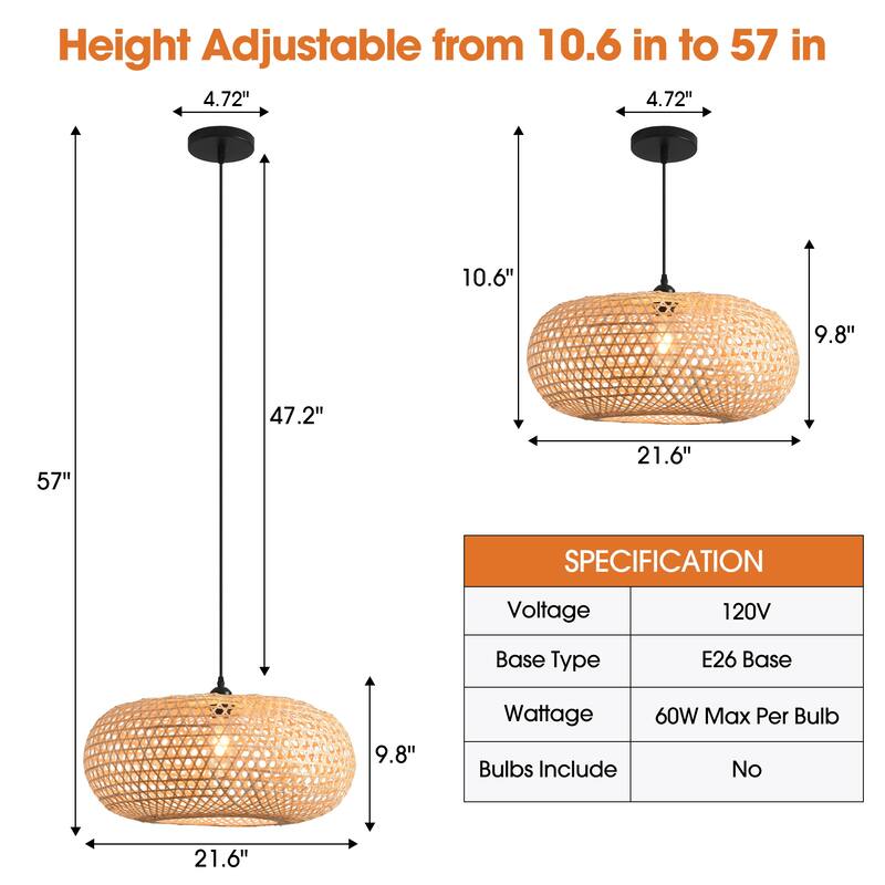 22" Nautical Woven Bamboo Lantern Pendant Light Chandelier for Island Kitchen