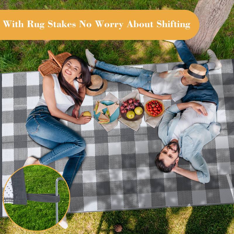 Outdoor Rug Waterproof Reversible Rug Indoor Outdoor Plaid Area Rug Plastic Straw Rug for Camping RV Backyard Patio
