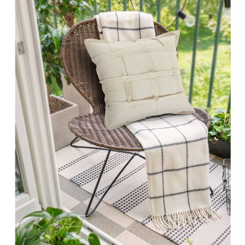 20" Beige Solid Embroidered Ribbon Square Throw Pillow