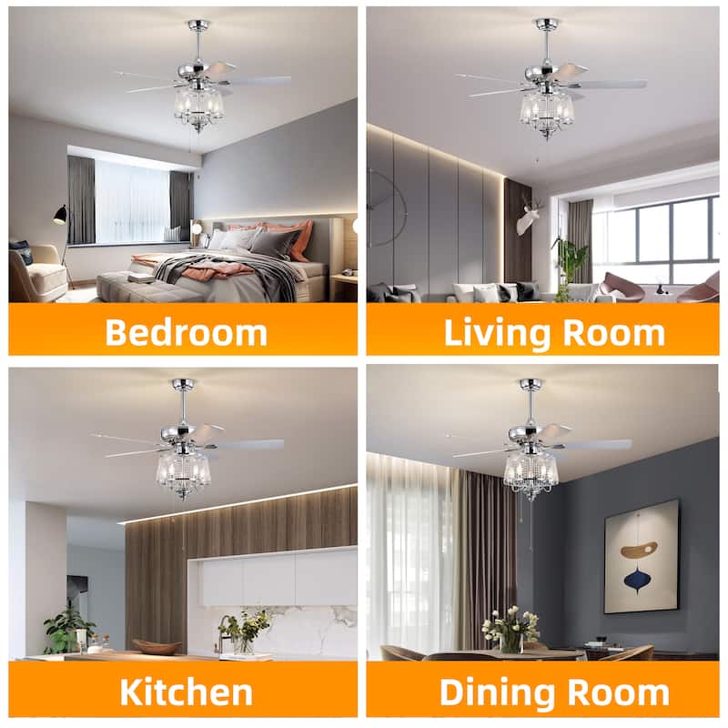 52 Inch Crystal Ceiling Fan , Modern Electrical Fan with 5 Wood Reversible Blades