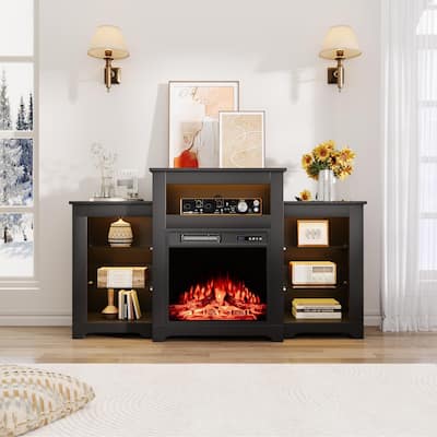 32" H Fireplace TV Stand, 55/70 Inch Media Console for TVs up to 80", Remote, Storage & LED Lights