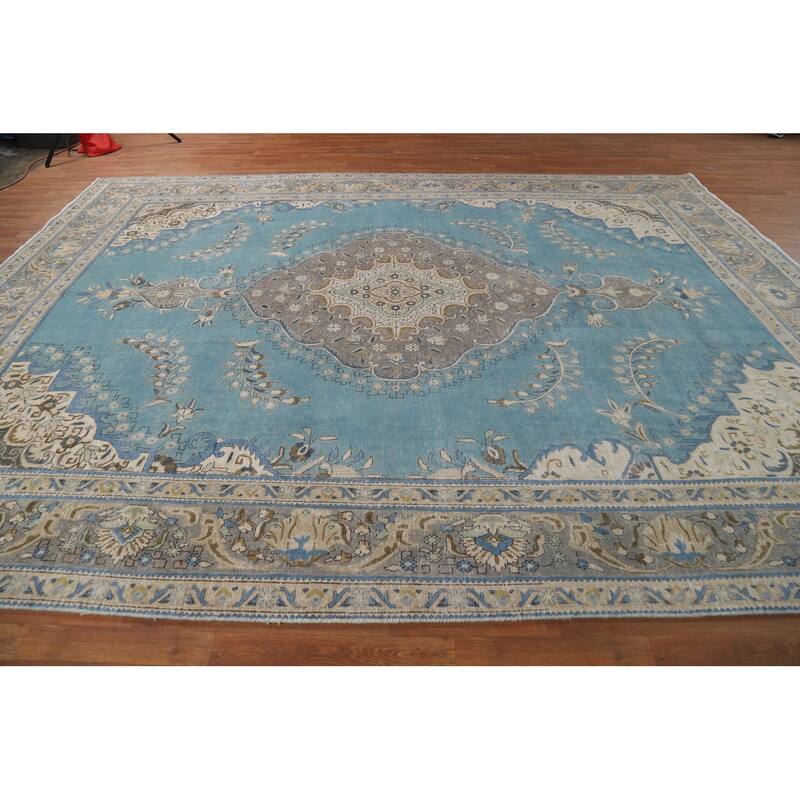 Light Blue Medallion Tabriz Persian Area Rug Hand-Knotted Wool Carpet - 9'10"x 12'10"