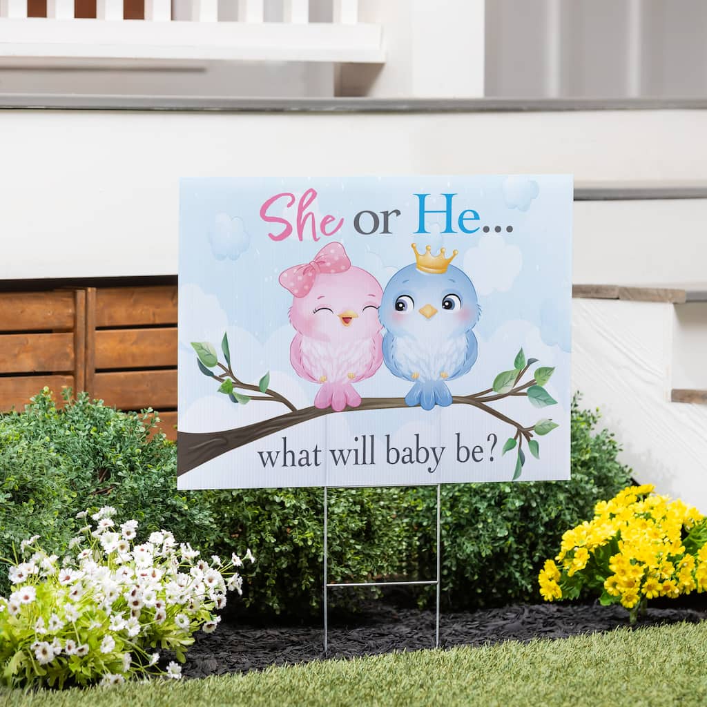 24" x 18" Yard Sign with H-Stake, Pink Blue Birds Gender Reveal