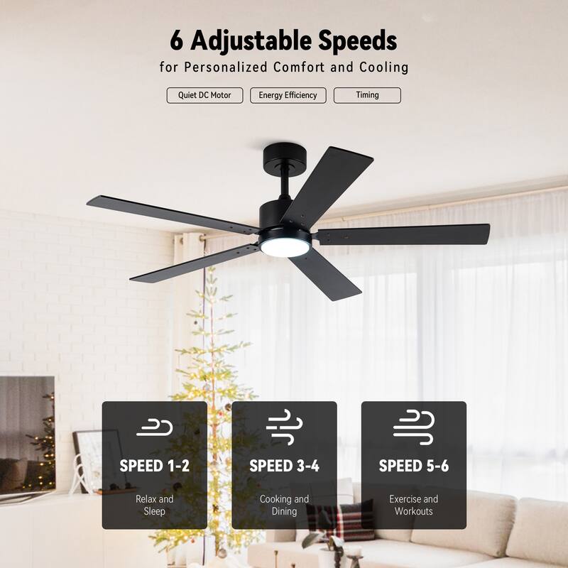 52" Modern Black Wood 5-blade Ceiling Fan with Light and Remote Control