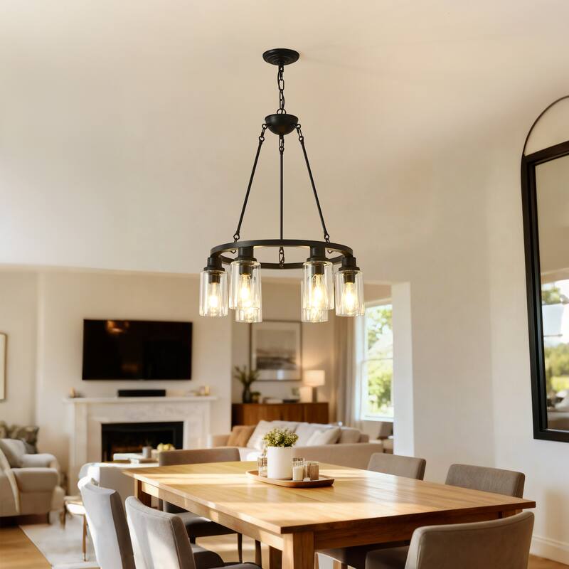 6-Light Black Wagon Wheel Chandelier With Light(No Bulbs) For Bedroom Bathroom--E26