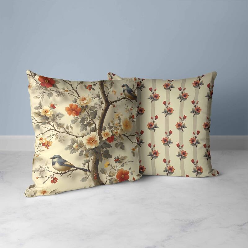 Two Birds n Flowers Faux Suede Reversible Throw Pillow Beige and Red