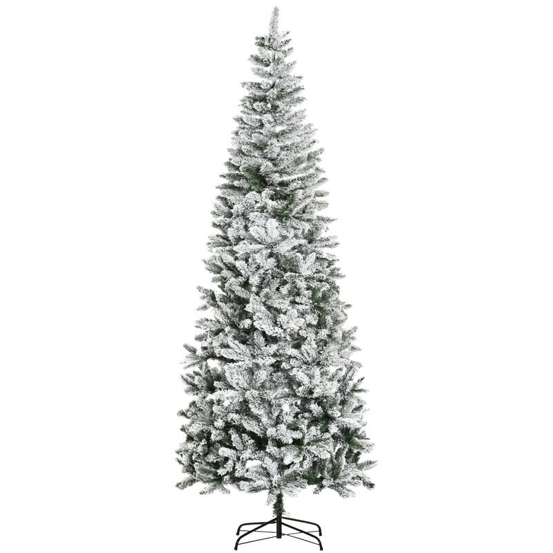 9FT Snow-Flocked Pencil Christmas Tree, Slim Design with Auto-Open Branches and Sturdy Base