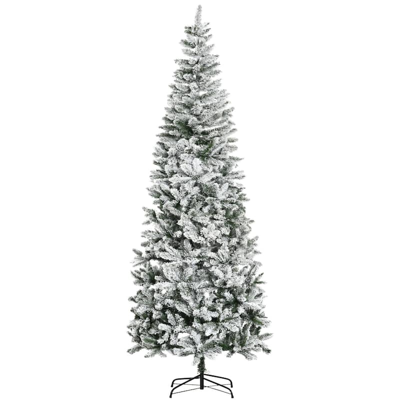 9ft Tall Unlit Snow-Flocked Slim Pine Artificial Tree, 1084 Tips & Automatic Open Design