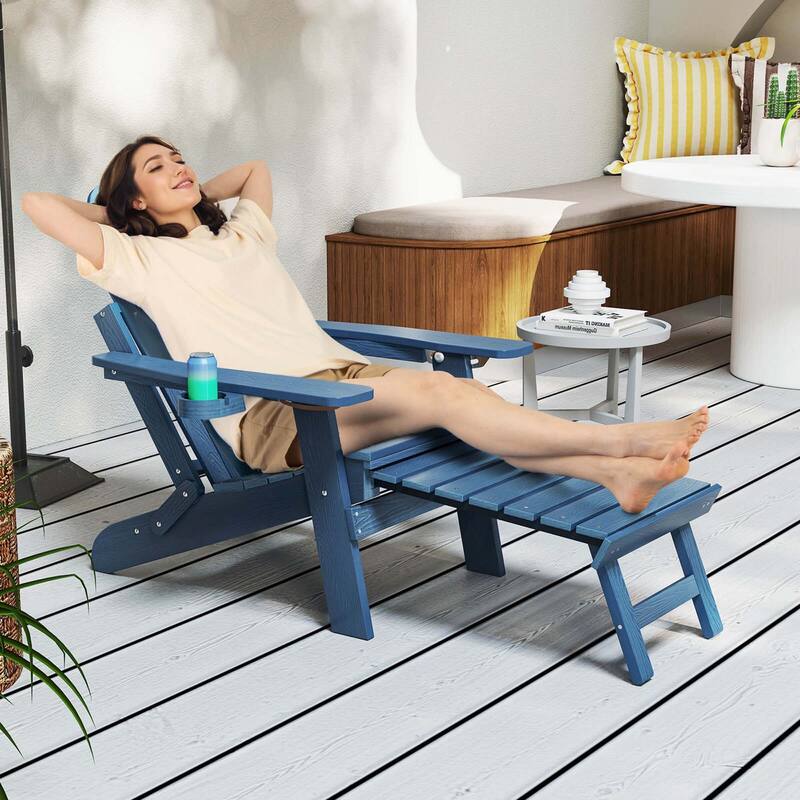 Costway Patio Adirondack Chair All-Weather HIPS Lounge Chair with - See Details - Navy