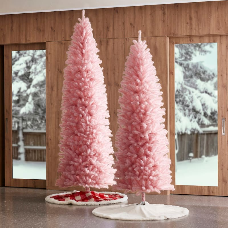 Glitzhome 7.5ft/9ft Shimmering Tinsel Pink Slim Pencil Fir Artificial Christmas Trees