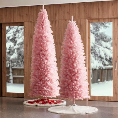 Glitzhome 7.5ft/9ft Shimmering Tinsel Pink Slim Pencil Fir Artificial Christmas Trees