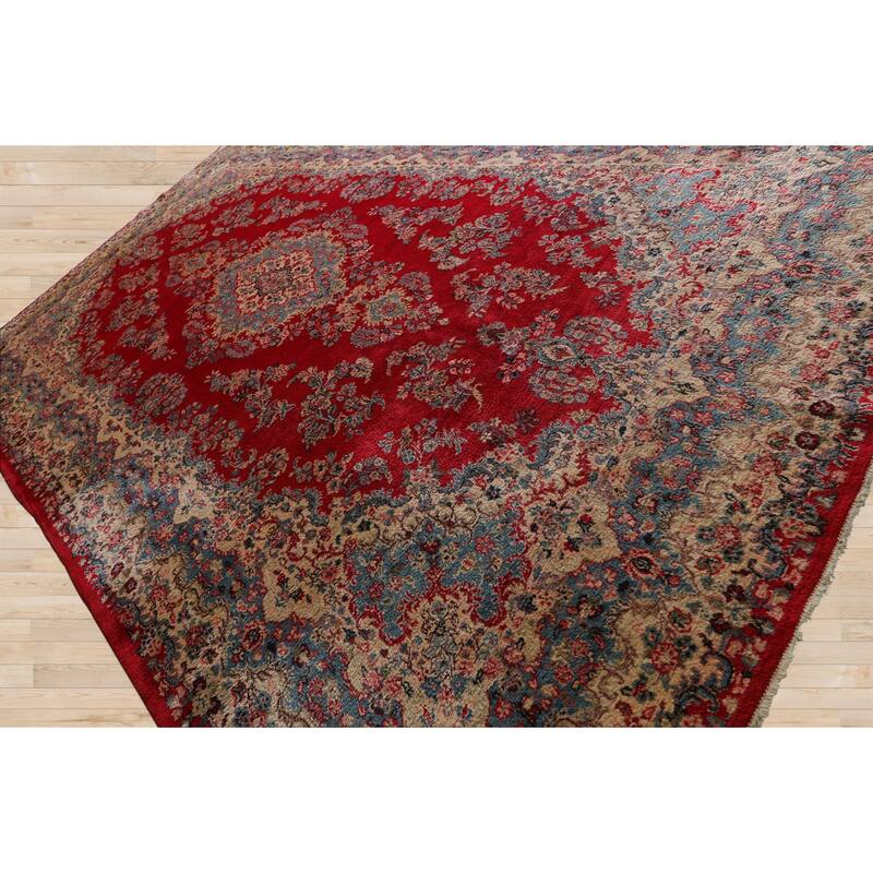 12'6''x18 Hand Knotted Wool Red Plush Pile Kerman Traditional Rug - 12' 6'' x 18'