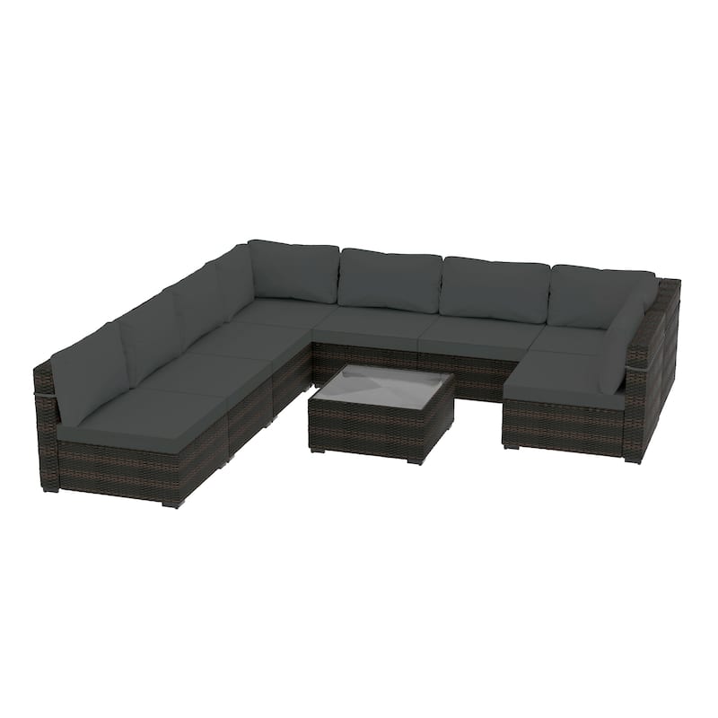 UPHA 9-piece Cushioned Wicker Patio Conversation Seating Set - Dark Grey
