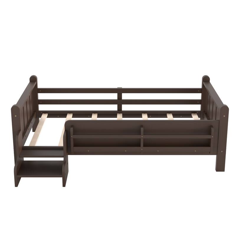 Full/Twin Floor Bed with Storage Bookcases & Cute Stairs - Solid Wood Kids Bed, No Box Spring