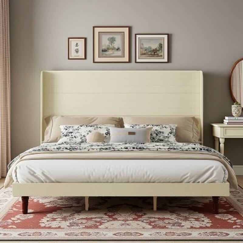 King Size Bed with 54-Inch High Headboard, Durable MDF & Pine Frame, Ideal for Reading or Relaxing - King Beige - King