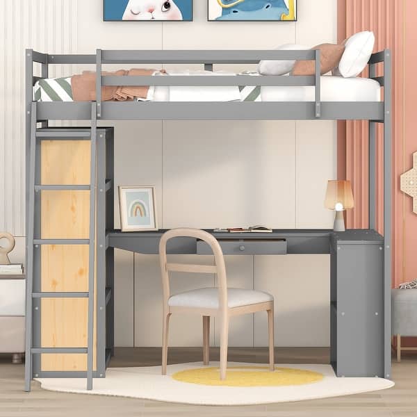 slide 2 of 23, Multifunctional Design Loft Bed with Ladder, Bookshelves and Desk, Solid Construction, Twin Size Grey