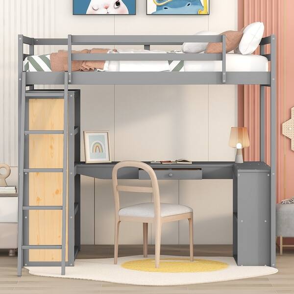 slide 2 of 18, Twin Size Loft Bed with Ladder, Shelves, and Desk Grey - Twin