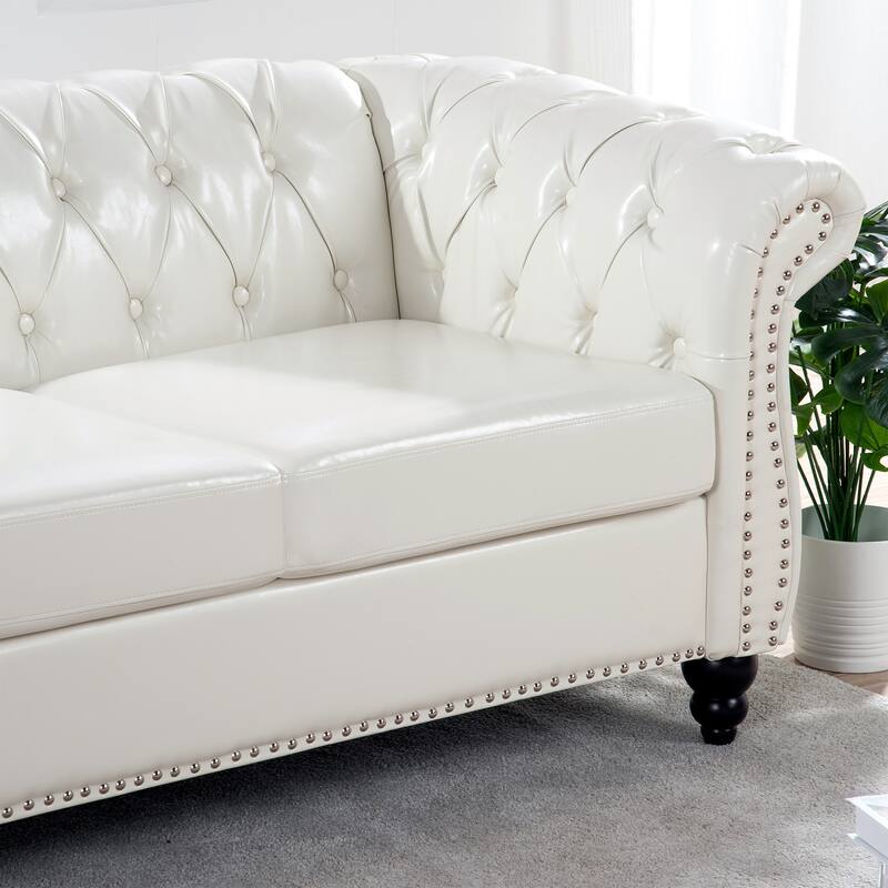 Chesterfield PU Leather 3 Seater Sofa, Upholstered Sofa with Rolled Armrests & Tufted Back, Lounge Sofa with Nailhead Trim