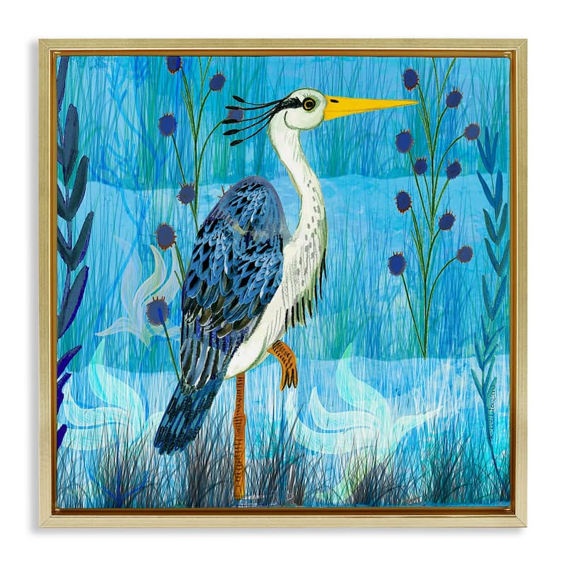 Stupell Standing Crane with Blue Tones Framed Floater Canvas Wall Art Design By Kay Widdowson - 25 x 25 - Gold