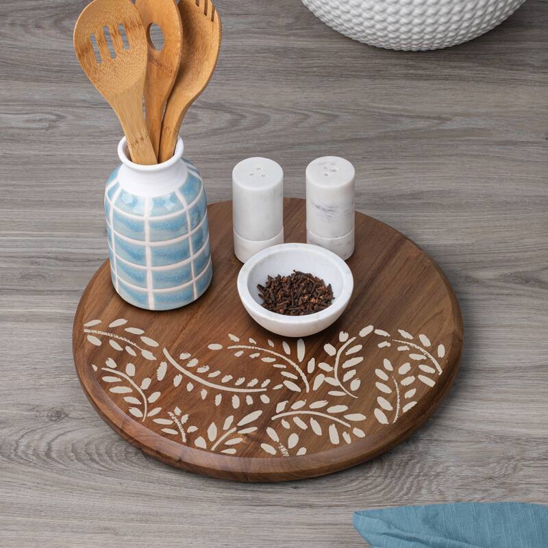 Vines Round Acacia Wood Lazy Susan Turntable 14" Diameter for Serving Kitchen Organization Condiment Caddy
