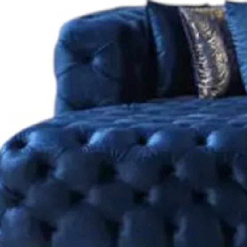 HomeRoots Tufted Blue Velvet Modular U Shaped Sofa and Chaise Sectional With Toss Pillows
