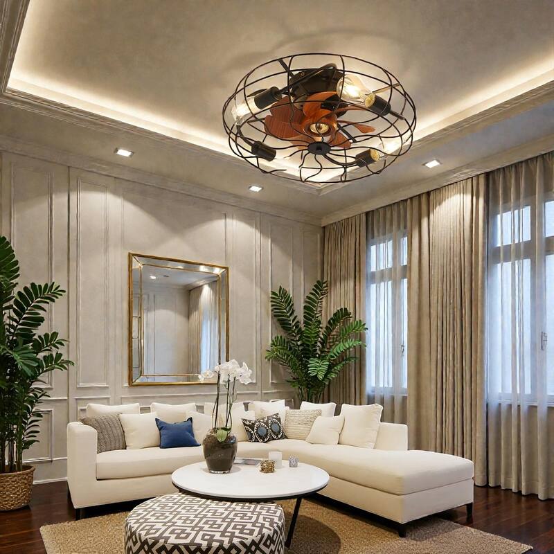 20 Inch Industrial Caged Ceiling Fan with Light, Matte Black, 6-Speed Reversible DC Motor, Remote, E26 Bulbs Included - Black