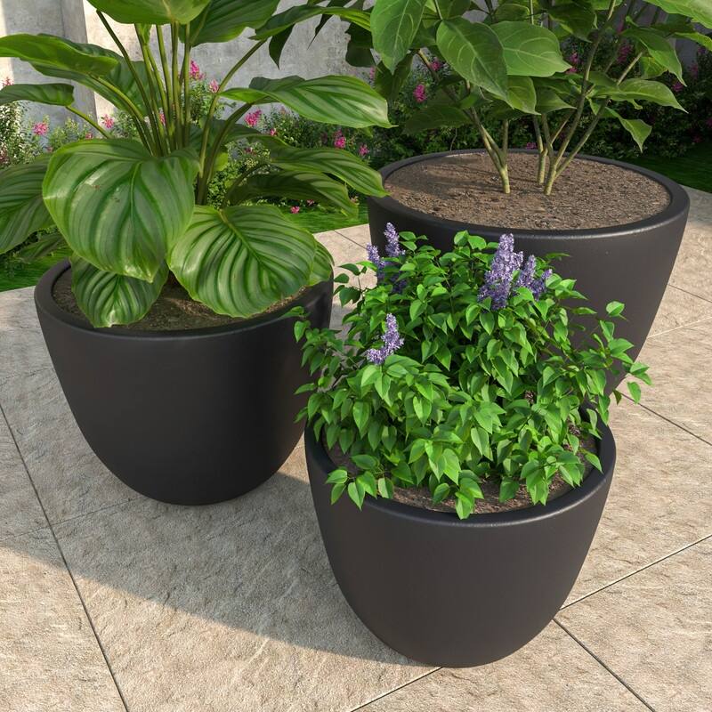 Dahlia 3-Piece Modern Round Planter Set, Durable Fiberstone & Clay Pots for Indoor & Outdoor Plants