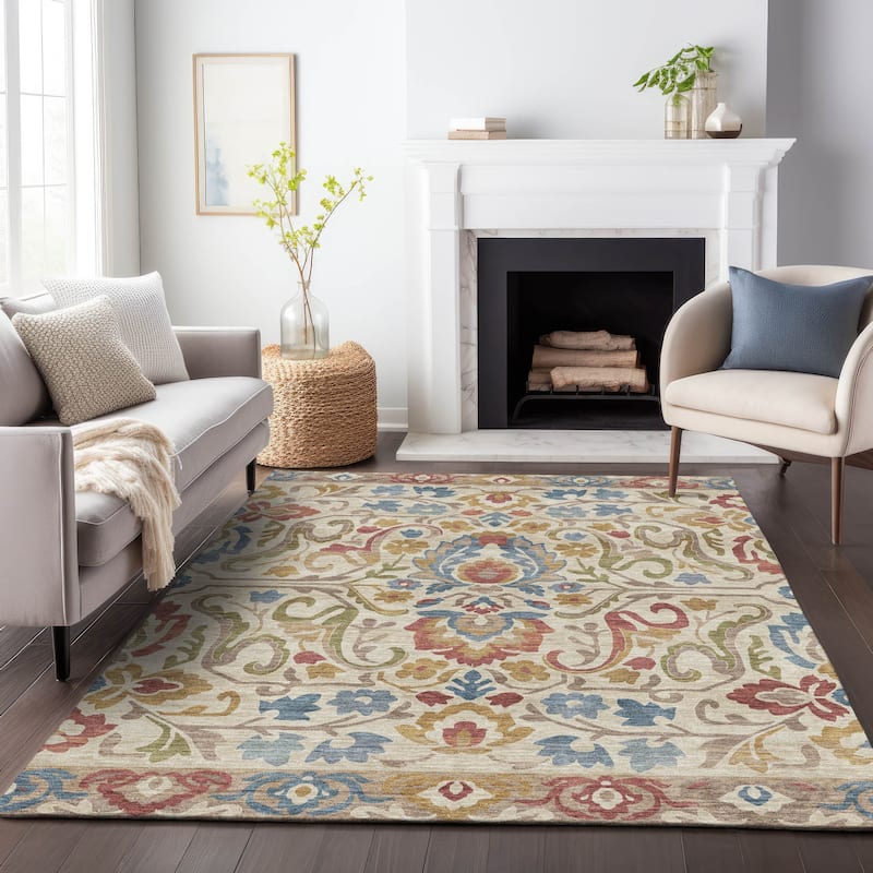 Machine Washable Indoor/Outdoor Floral Watercolor Chantille Rug