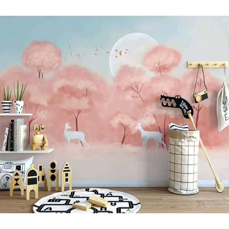 Pink Forest Cartoon Tree Nursery Removable Textured Wallpaper - On Sale ...