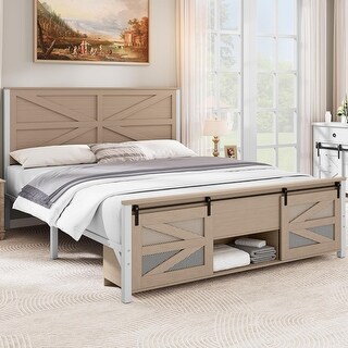 Queen Size Farmhouse Wood Bed Frame with Sliding Barn Door Storage and ...