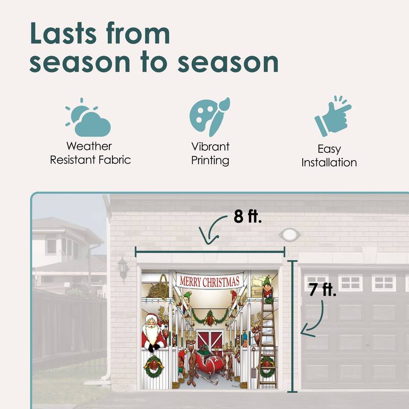 Santa's Merry Christmas Reindeer Barn Single Car Garage Door Banner - 7' x 8' - White
