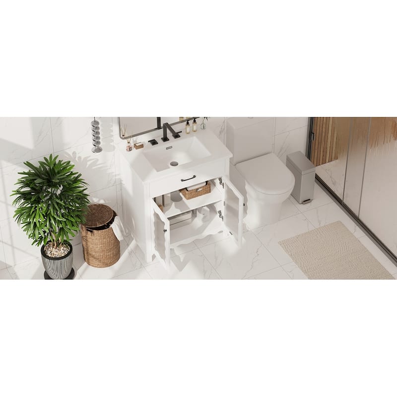 31" Bathroom Vanity with Tempered Glass,Modern Bathroom Cabinet with Rubber Wood legs and Soft close Doors
