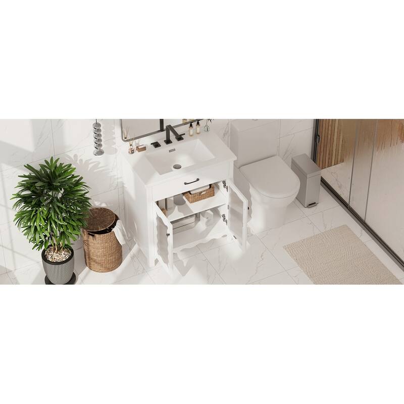 Roomfitters 31" Bathroom Vanity with Tempered Glass, Modern Cabinet with Rubber Wood Legs and Soft-Close Doors