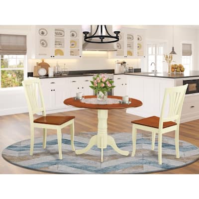 Dining Table Set with 2 Chairs, Round Dropleaf Kitchen Table, Solid Rubberwood, Saddle Brown Finish, 42x42 Inch