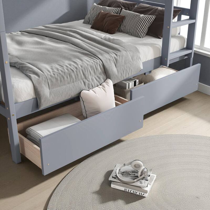Twin Over Twin Rubber Wood Bunk Bed with 2 Drawers, Convertible into 2 Twin Beds, Ladder and Safety Guardrails
