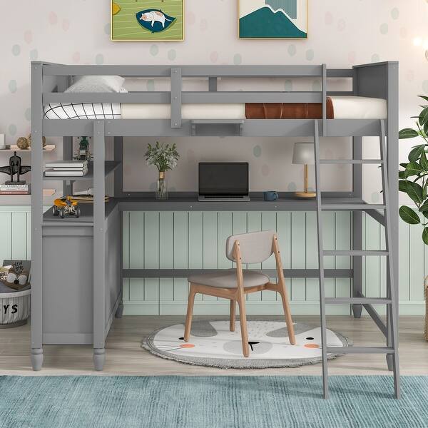 slide 2 of 18, Elegant Design Full Loft Bed with Drawers, Desk & Shelves Gray