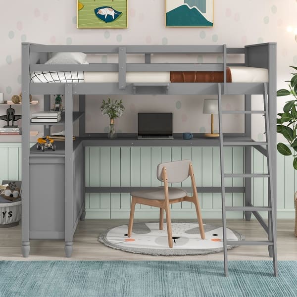 slide 2 of 18, Elegant Design Loft Bed with Shelves, Drawers and Desk, Health and Comfort, Full Size, Grey Grey